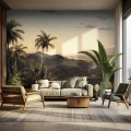 Salon w stylu boho zen z tapetą ścienną z palmami vintage