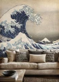Nowoczesny salon z tapetą Wielka fala w Kanagawie Hokusai