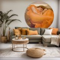 Salon w stylu boho z tapetą w kształcie koła z prerafaelickim obrazem