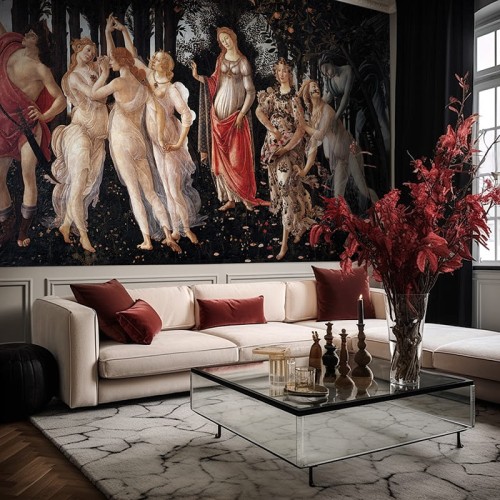 Tapeta na wymiar z renesansowym obrazem Botticellego Primavera w salonie modern classic