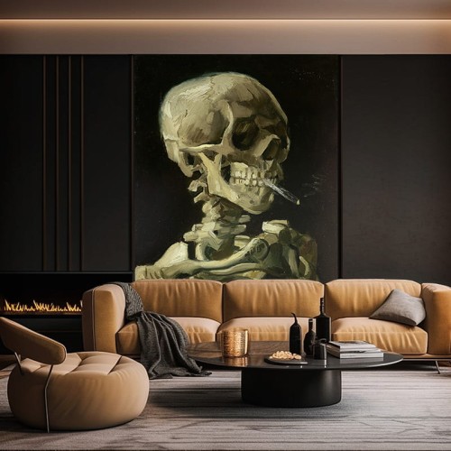 nowoczesny-minimalistyczny-salon-z-kominkiem-i-tapeta-obrazem-van-gogha-czaszka-z-papierosem-artemania.jpg