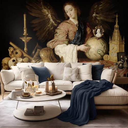 tapeta-za-sofa-w-salonie-reprodukcja-barokowego-obrazu-z-aniolem-i-motywem-vanitas-artemania-a.jpg
