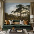 Salon w stylu transitional z elegancką tapetą ścienną ze starym włoskim pejzażem
