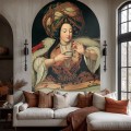 Salon w stylu boho folk z dekoracyjną tapetą portalową