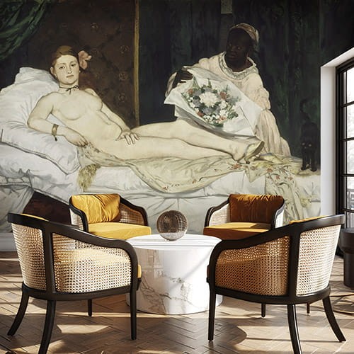 Elegancki salon w stylu art deco z tapetą-obrazem Maneta Olimpia