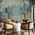 Elegancki salon inspirowany art deco z artystyczną tapetą Krakowskie Planty Wyspiańskiego