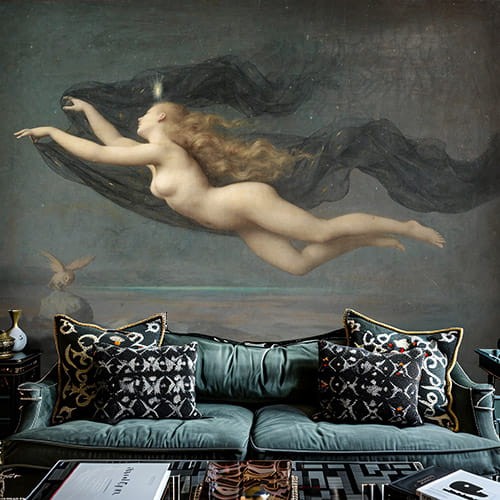 Salon w stylu modern retro z tapetą ścienną art nouveau