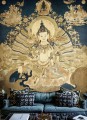 Salon w stylu zen z dekoracyjną tapetą ścienną z buddyjskim motywem