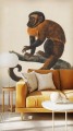 Przytulny pokój w stylu dopamine decor z tapetą ścienną z małpką retro