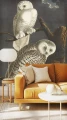 Salon dopamine decor z botaniczną tapetą z sowami